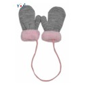 YO! Zimní kojenecké rukavičky s kožíškem - se šňůrkou YO - šedé/růžový kožíšek