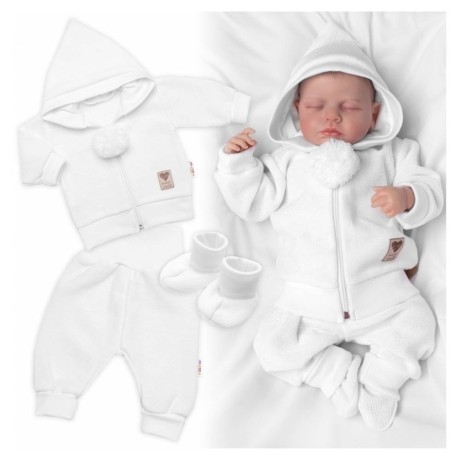 3-dílná souprava Hand made, pletený kabátek, kalhoty a botičky, bílá