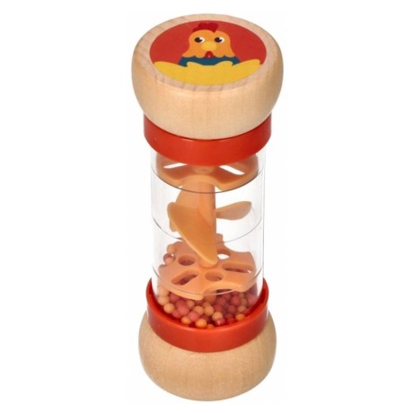 Dřevěné chrastítko/dešťová sprcha s kuličkama, Slepička - oranžové