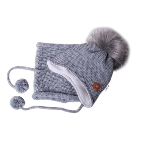 8596309320656_Zimní čepice s fleecem a chlupáčková bambule Star + komínek - šedá