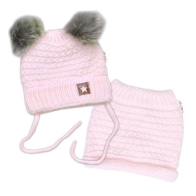 Zimní pletená čepice Star s fleecem a chlupáčkové bambulky+komínek 2D sada, růžová