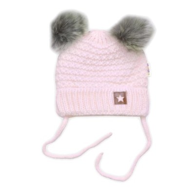 Zimní pletená čepice Star s fleecem a chlupáčkové bambulky+komínek 2D sada, růžová