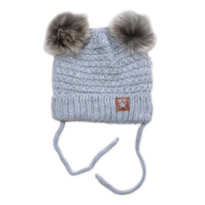 Zimní pletená čepice Star s fleecem a chlupáčkové bambulky+komínek 2D sada, šedý melírek