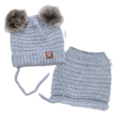 Zimní pletená čepice Star s fleecem a chlupáčkové bambulky+komínek 2D sada, šedý melírek