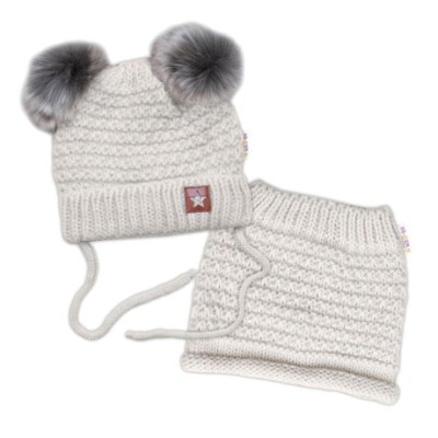 Zimní pletená čepice Star s fleecem a chlupáčkové bambulky+komínek 2D sada, béžový melírek