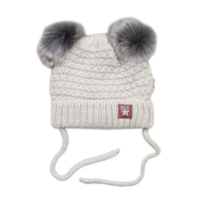 Zimní pletená čepice Star s fleecem a chlupáčkové bambulky+komínek 2D sada, béžový melírek