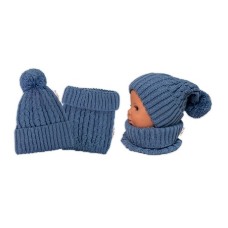 8596309381077_Zimní čepice s bambulí + komínek Baby Nellys - modrá