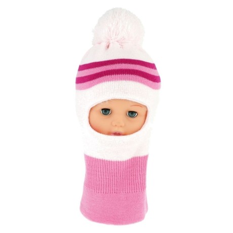 8596309195148_BABY NELLYS Zimní čepička/kukla s bambuli - sv. růžová s proužky